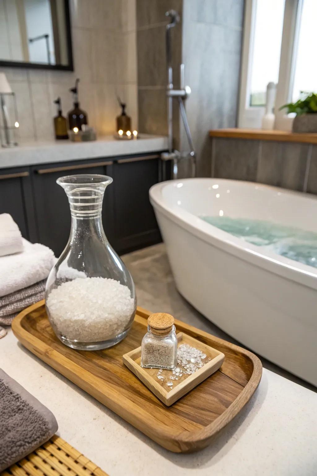 A bathroom featuring a glass vessel as a stylish bath crystal holder.