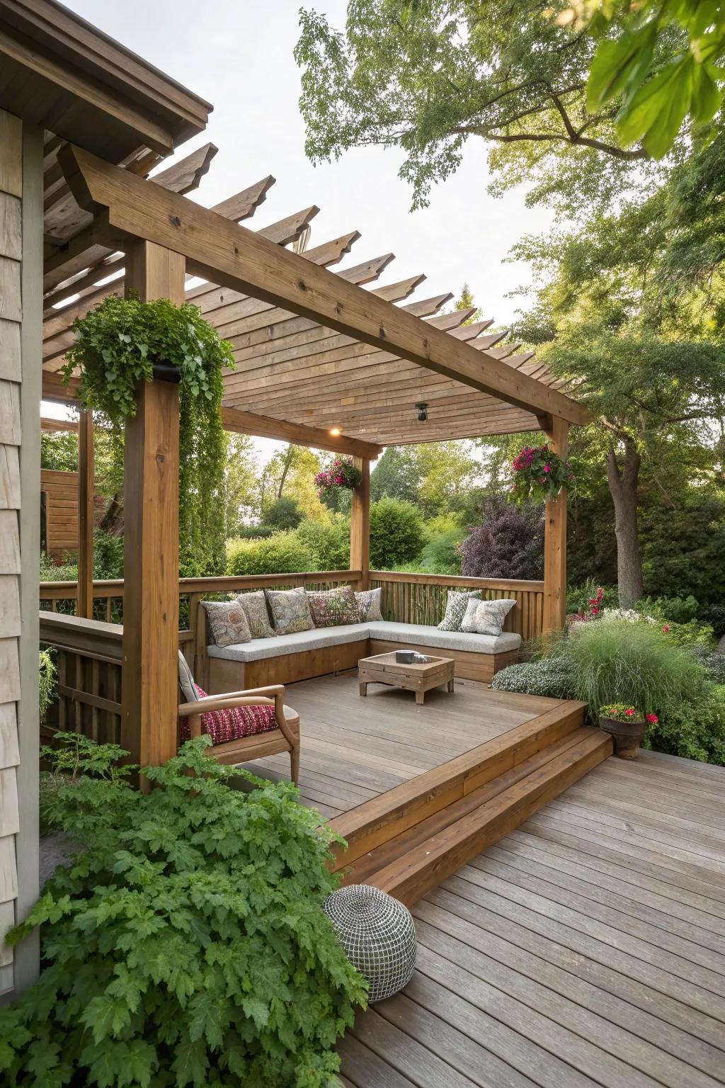 A pergola featuring integrated benches for an inviting, space-saving solution.