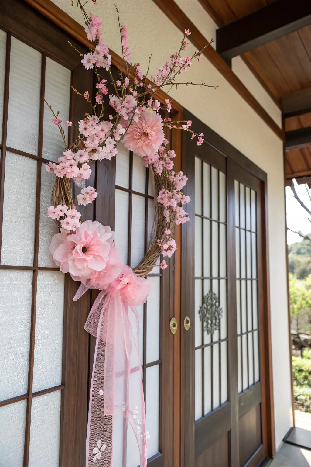 A cherry blossom deco mesh wreath that embodies spring elegance.