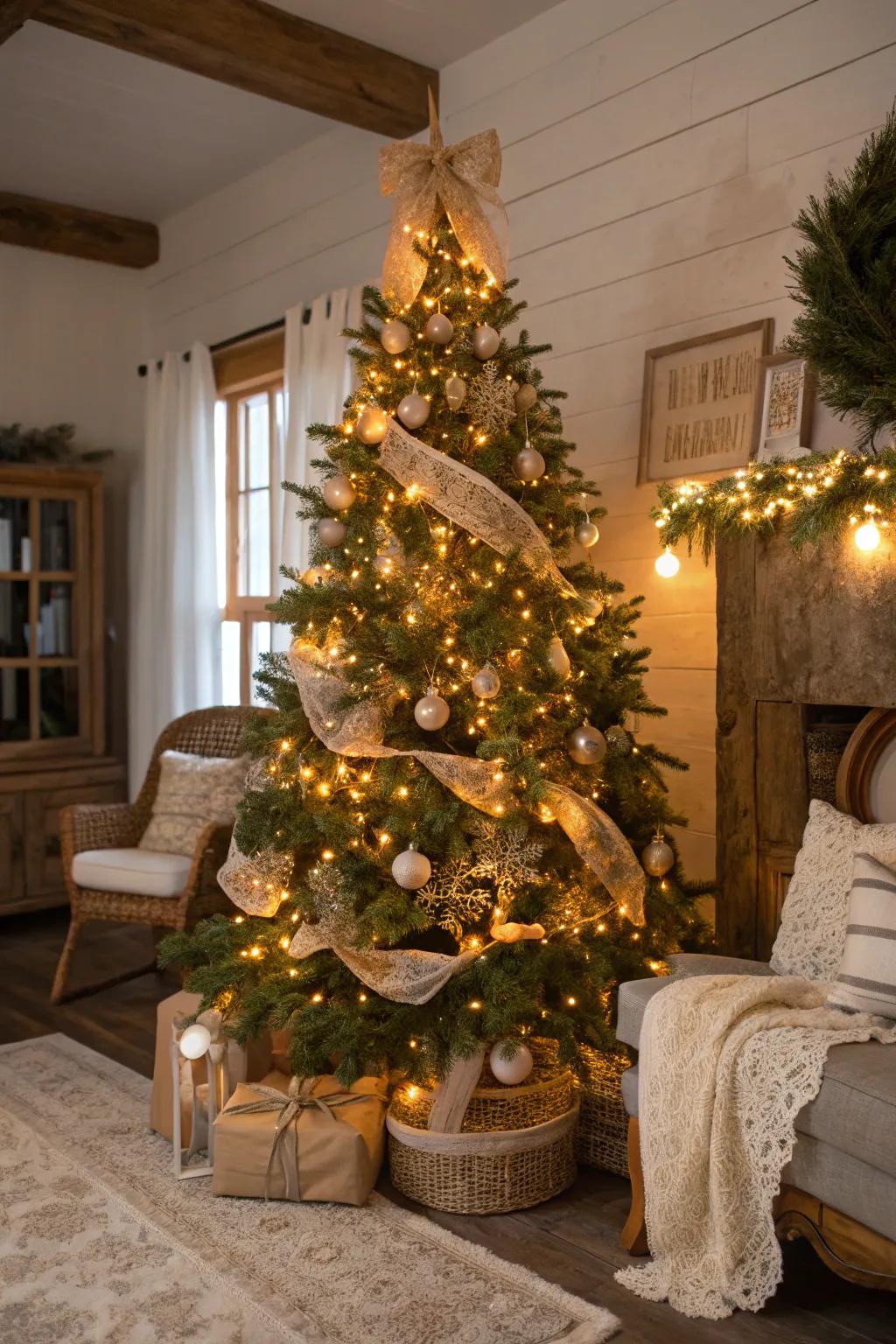 A rustic elegance Christmas tree with warm lights and charming decorations.