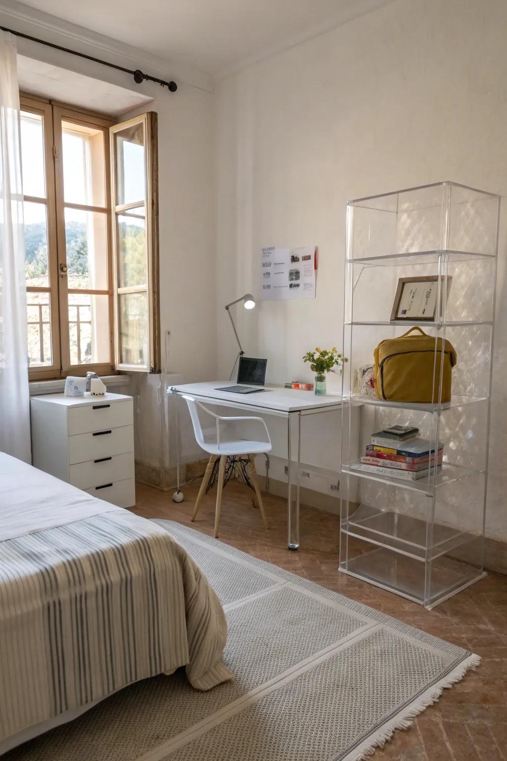 Transparent furniture maintains an open, airy ambiance in a small bedroom.