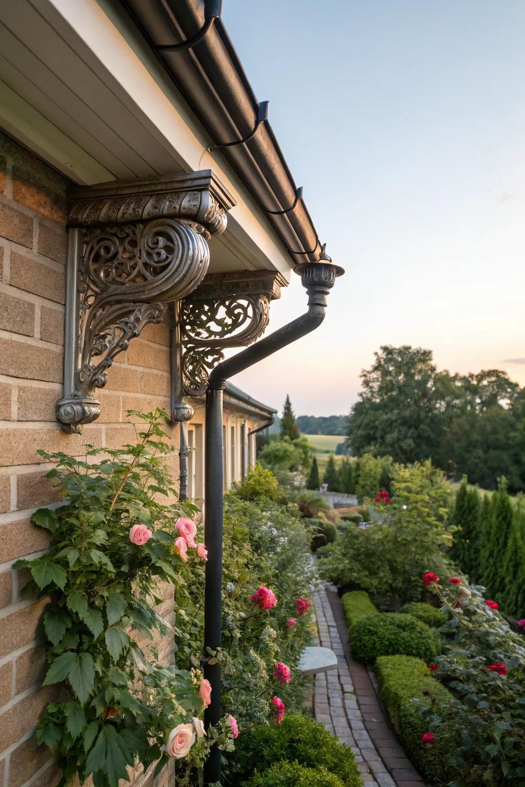 Decorative brackets add sophistication and charm to downspouts.