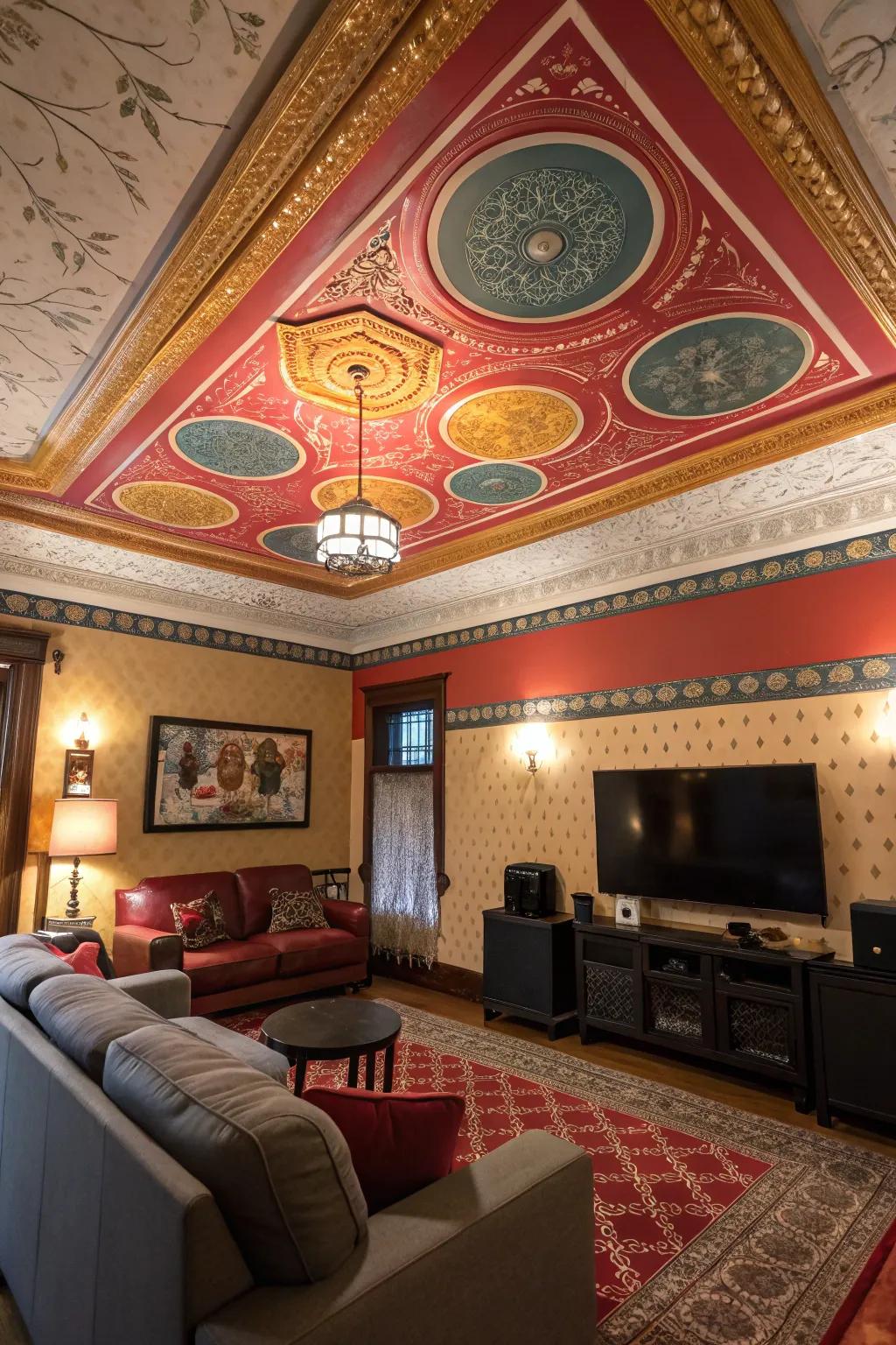 A creatively decorated overhead area that introduces an unexpected design element.
