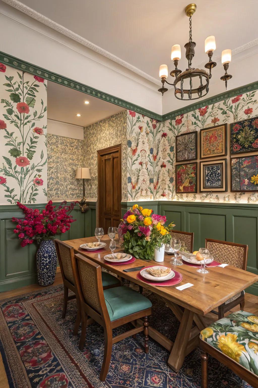 Floral accents in the wainscoting bring a touch of nature indoors.