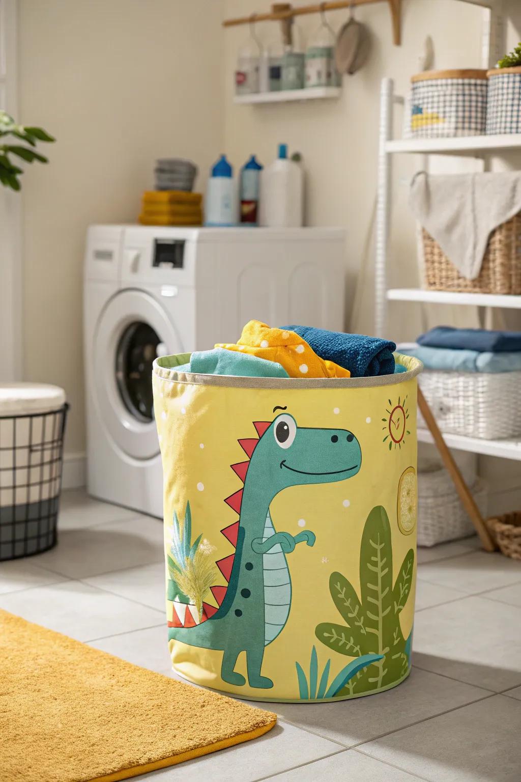 A ferocious lizard-styled clothes hamper bringing fun to tasks.
