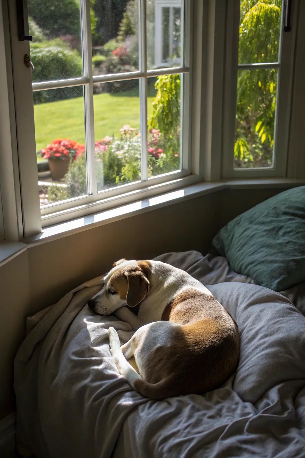 A dog nook including a garden vista, delivering tranquility and a touch of nature via soft bedding.