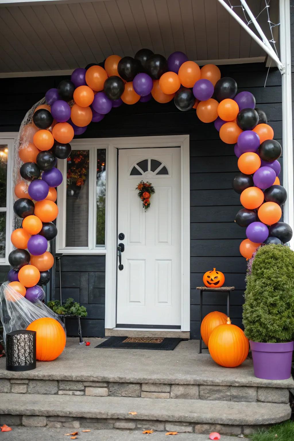 A vibrant spherical arch welcomes visitors with Halloween cheer.