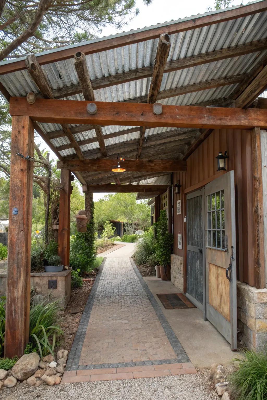 An entrance with a roof made from recycled materials.