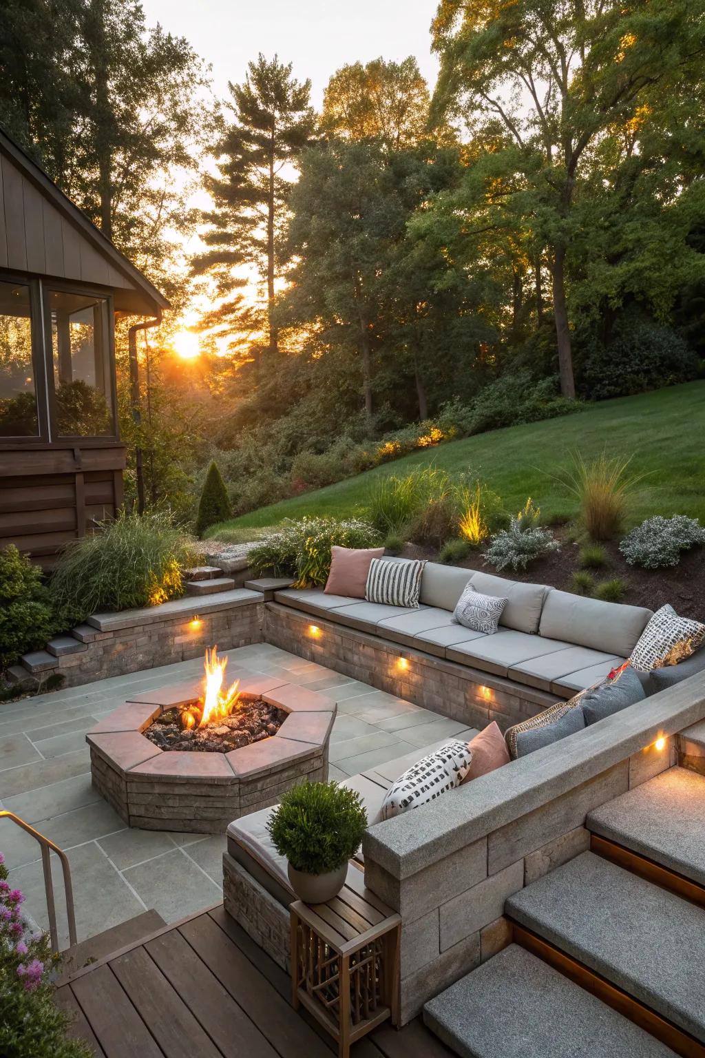 A lowered relaxation area creates an intimate and cozy space on a sloped yard.