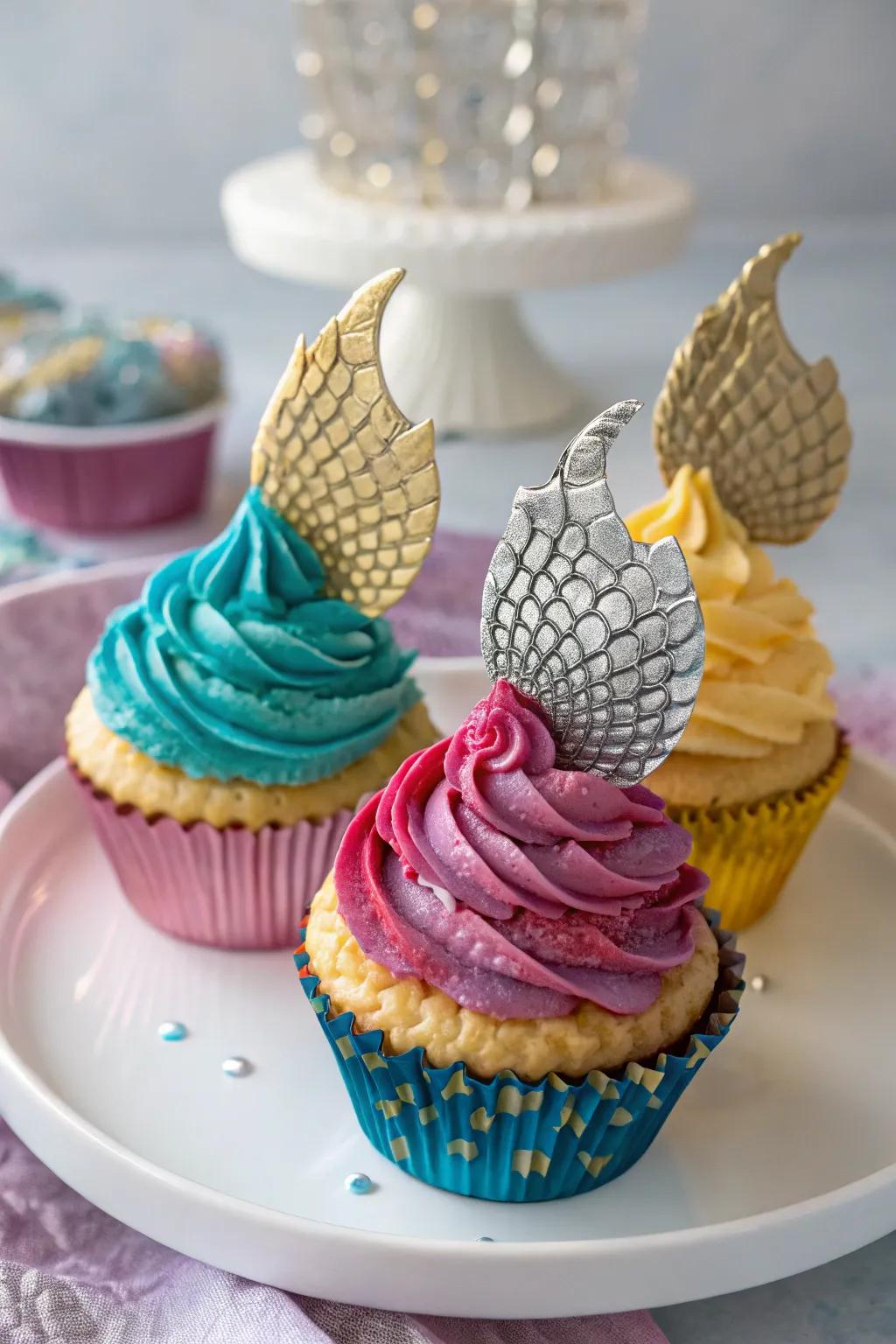 Dragon scale mini-cake decorations infuse a magical essence to desserts.