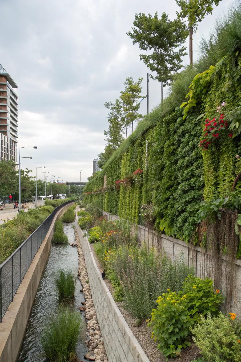 A vertical garden forming a verdant wall next to a swale&rsquo;s perimeter.