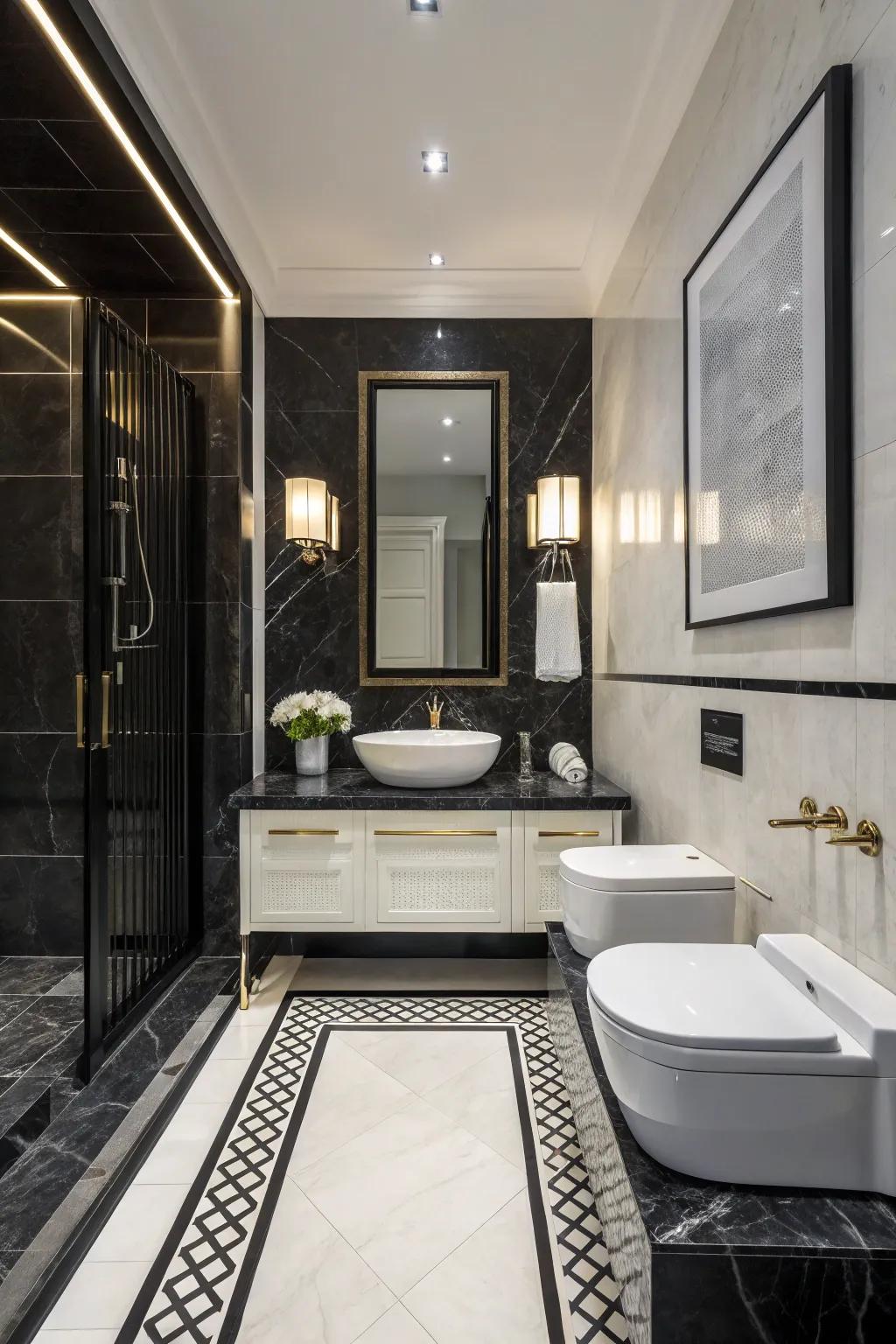 Dark and light designs provide timeless elegance in your bathroom.