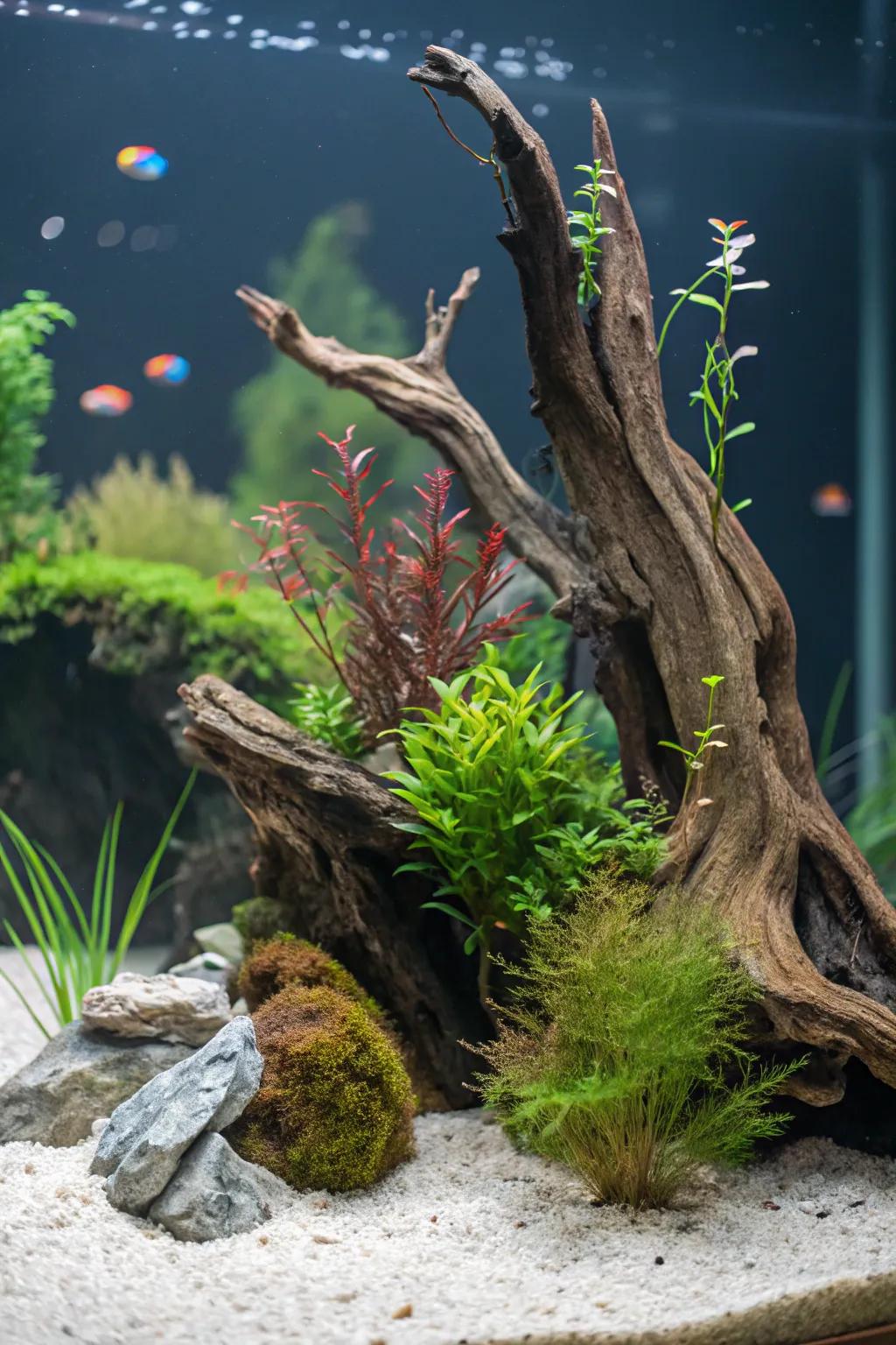 An enchanting woodland aquarium featuring whimsical timber and flora.