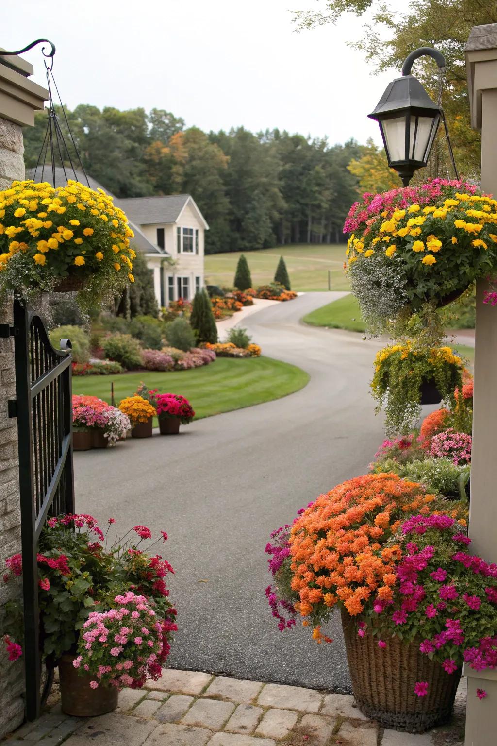 Seasonal flowers maintain a fresh and dynamic driveway landscape.