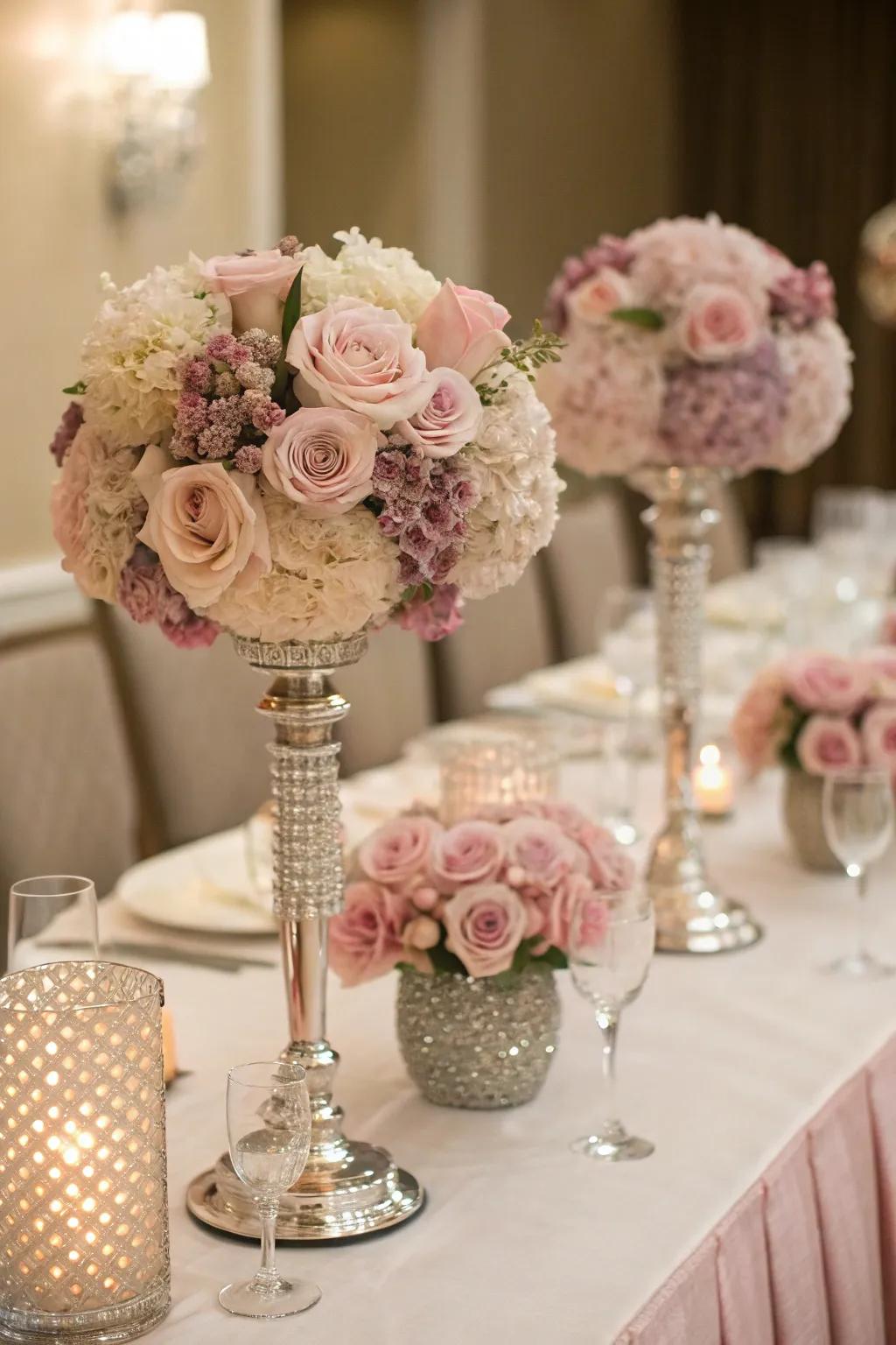 Striking rose blush and diamond centerpieces.