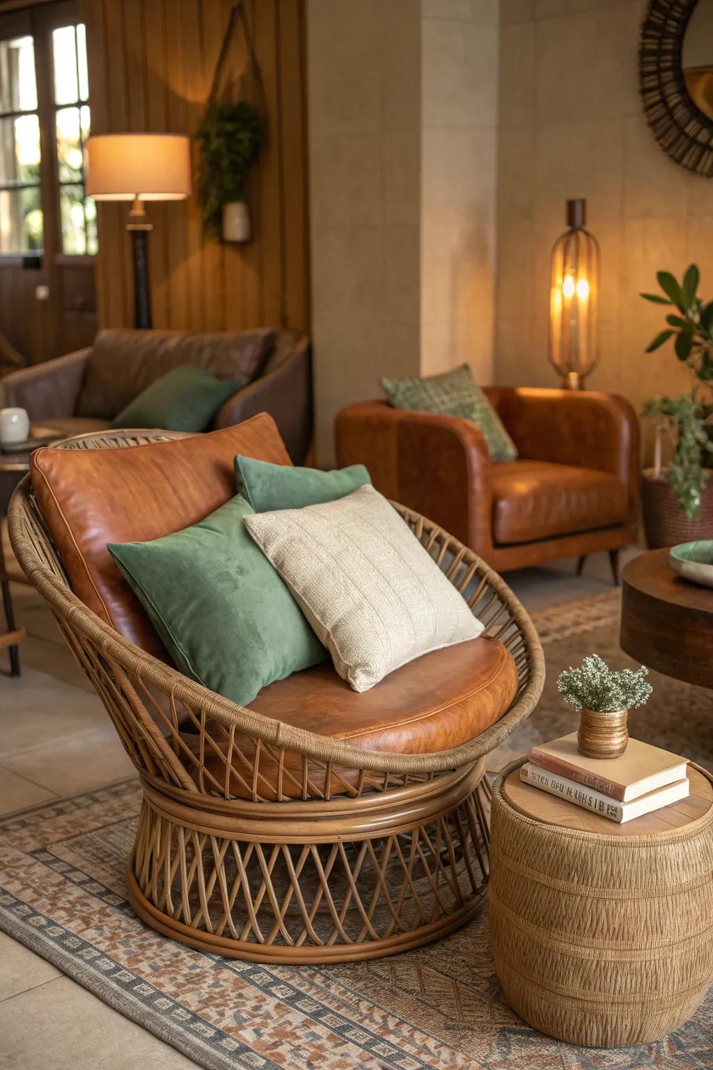 Design a dynamic space by mixing materials with earthy tones.