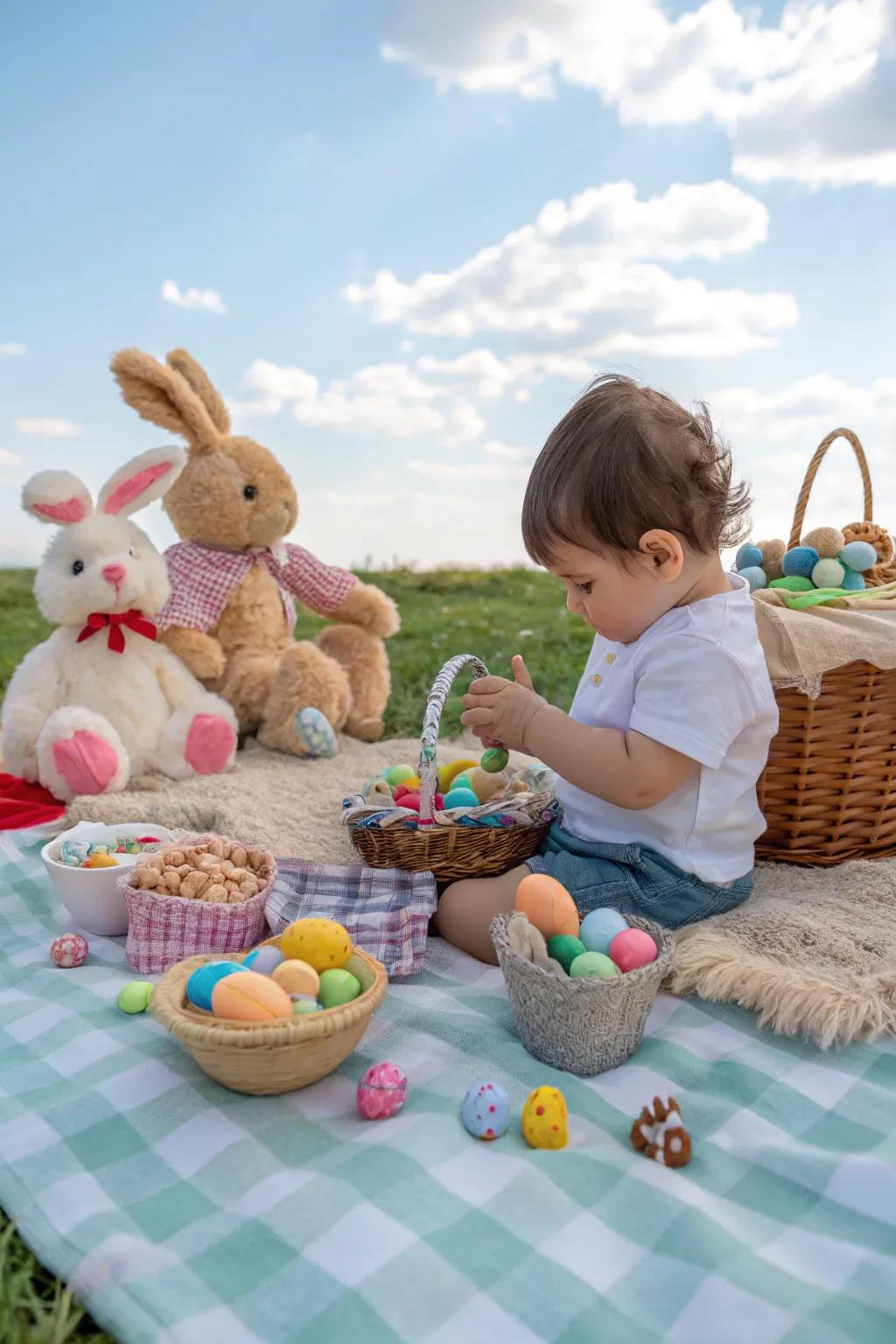 A delightful Easter repast with plush companions.