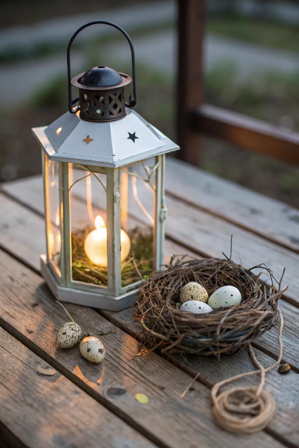 A bird's nest introduces a whimsical, springtime touch to your lantern.