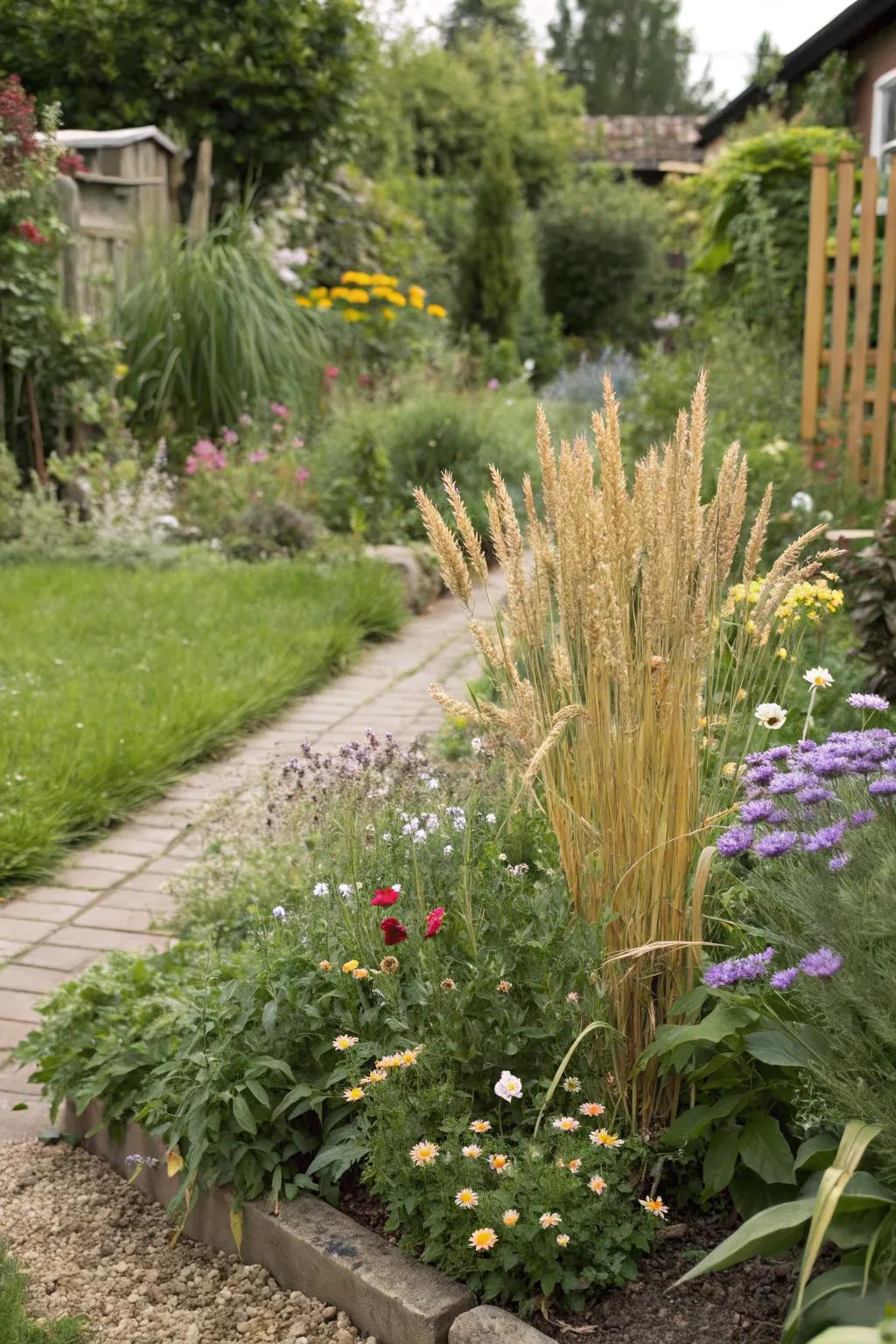 Grains like spelt add an unexpected and rustic element to the garden.