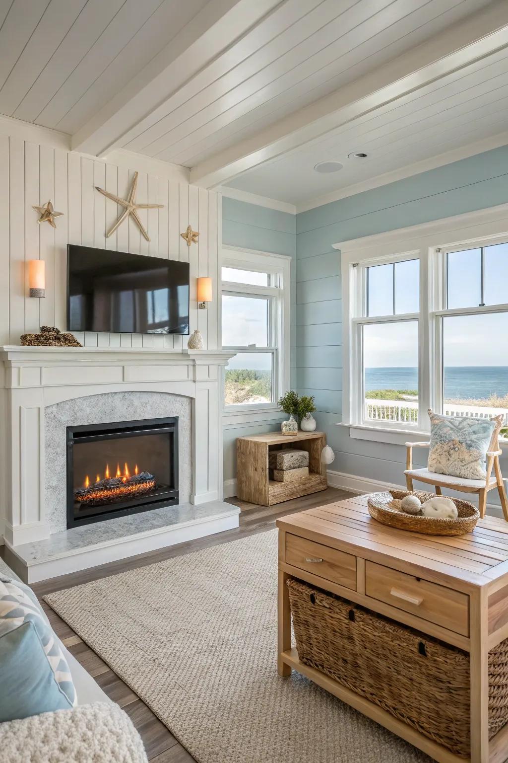 Coastal tranquility with a beach-inspired setting around an electric fire feature.