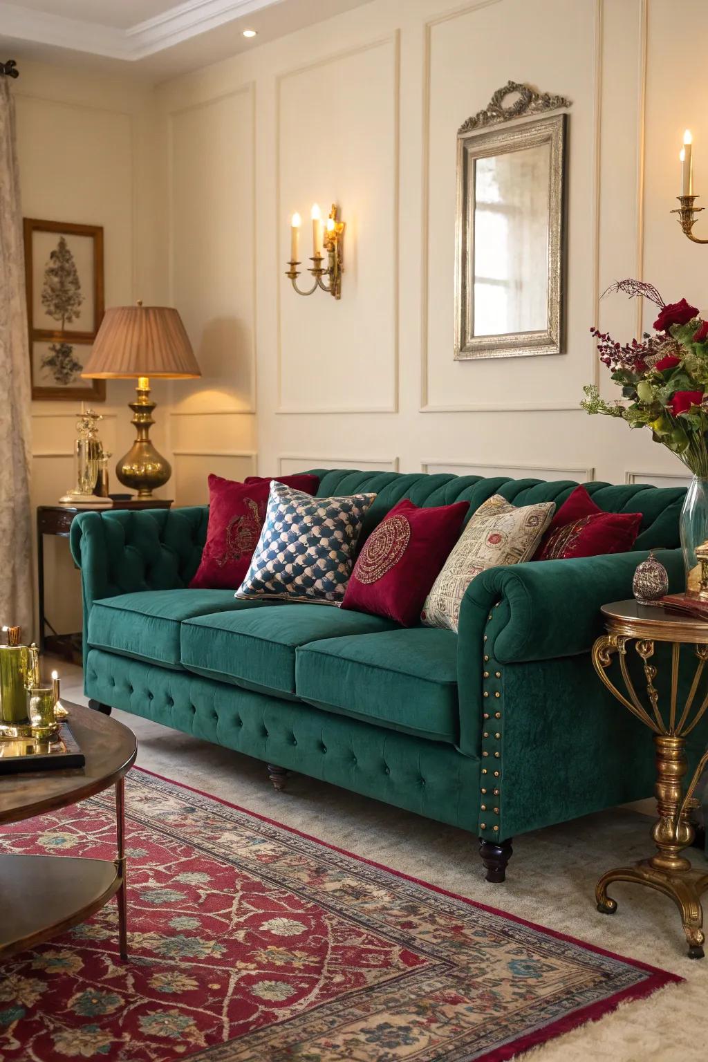 A bold, jewel-toned palette enhances the verdant couch's appeal.