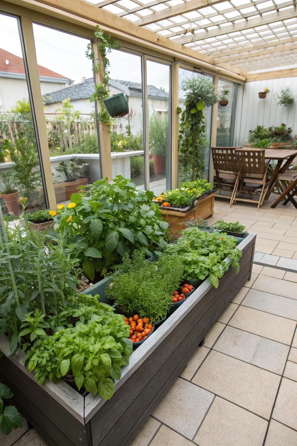 A thriving compact garden on the patio, perfect for fresh homegrown produce.
