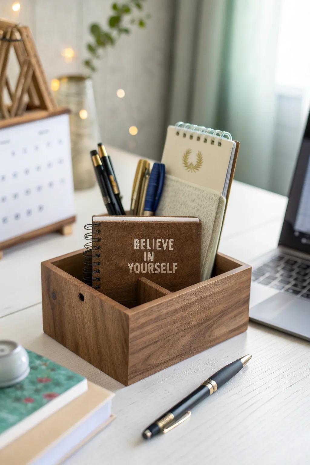 An engraved desk organizer mixes usefulness with making your workspace feel more inspiring.
