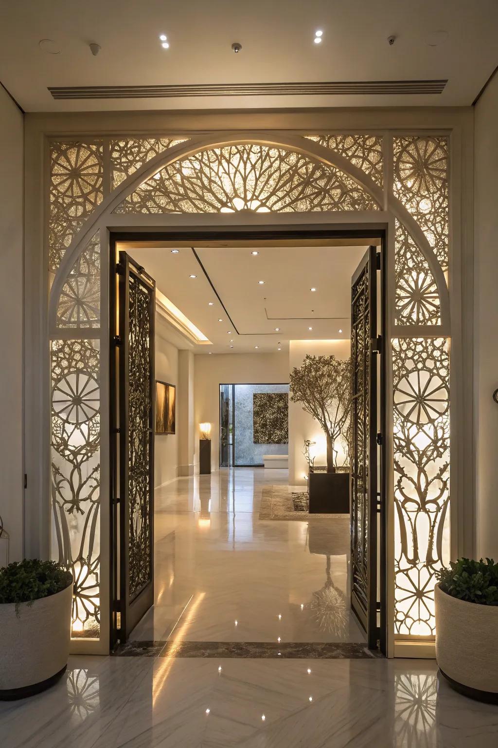 A foyer with an artistic light installation creating a gallery-like atmosphere.