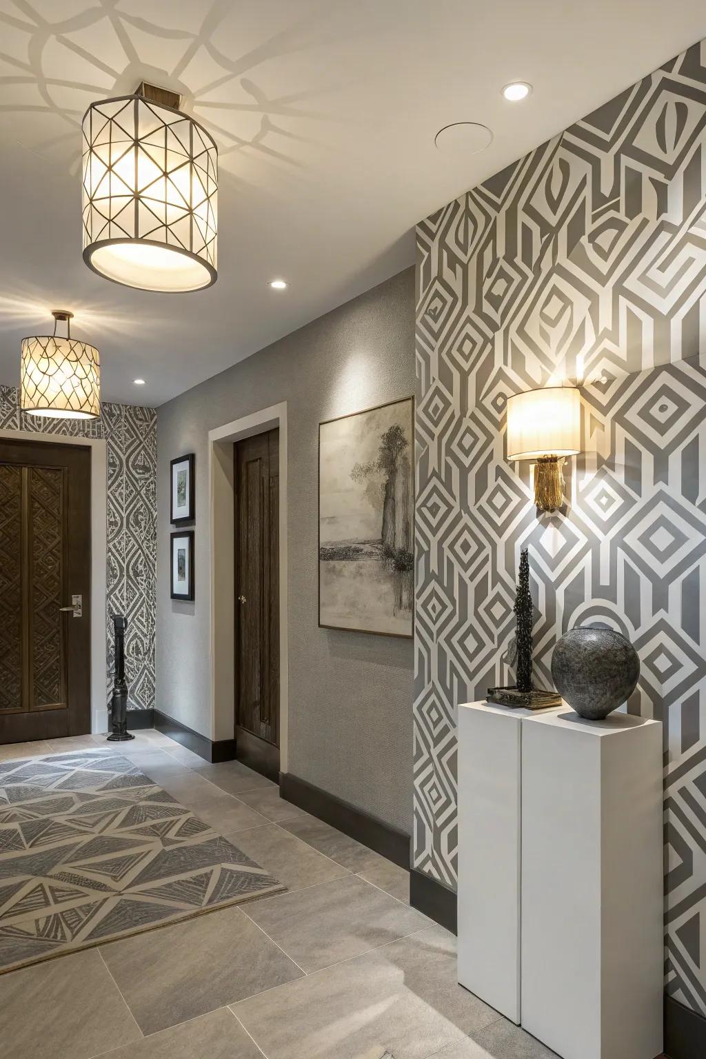 Inspiring entryway featuring abstract wallpaper for a creative touch.