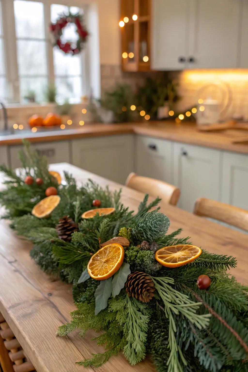 A festive swag featuring dried oranges in a warm kitchen.