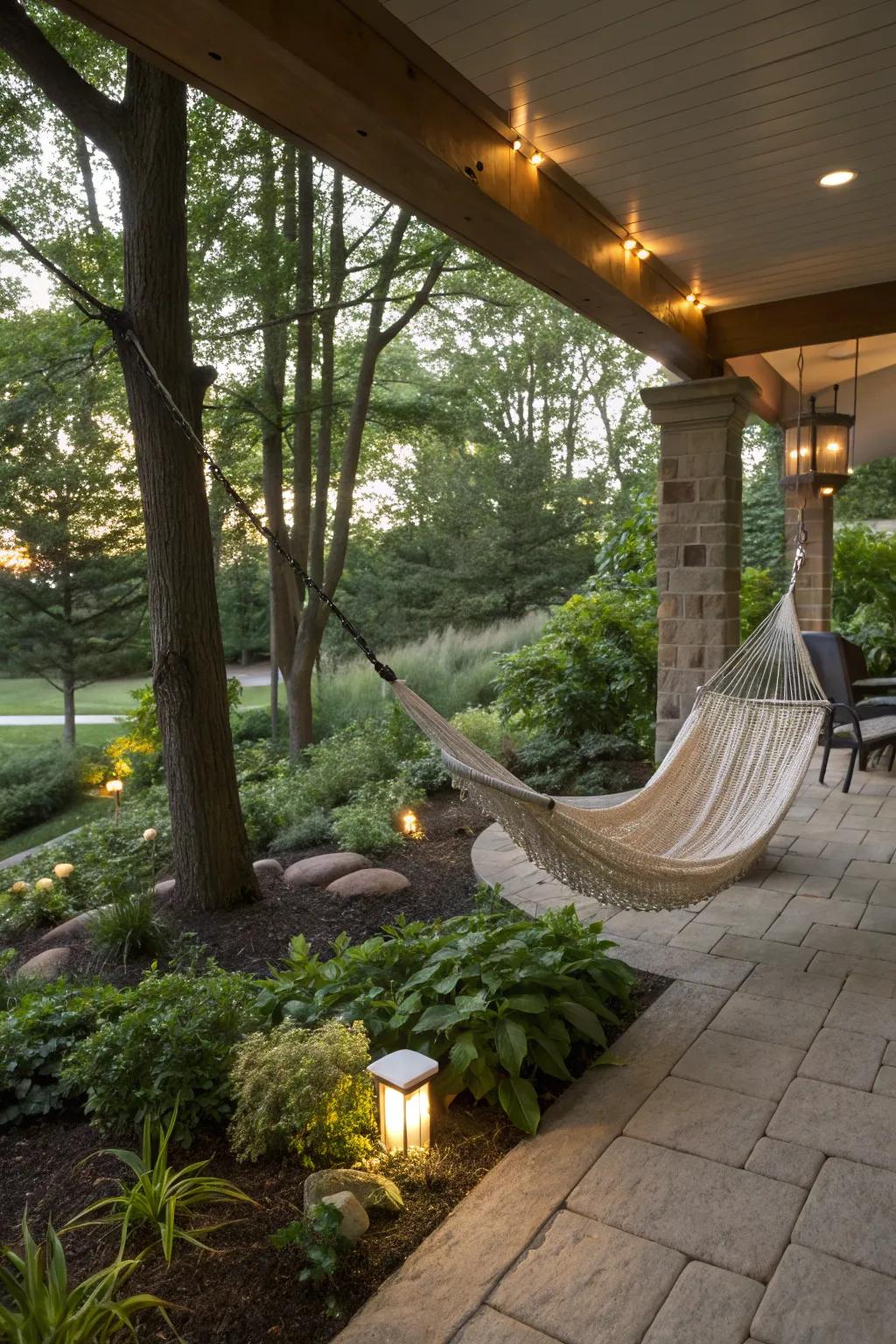 A tranquil hammock zone provides a relaxing retreat close to the basement.