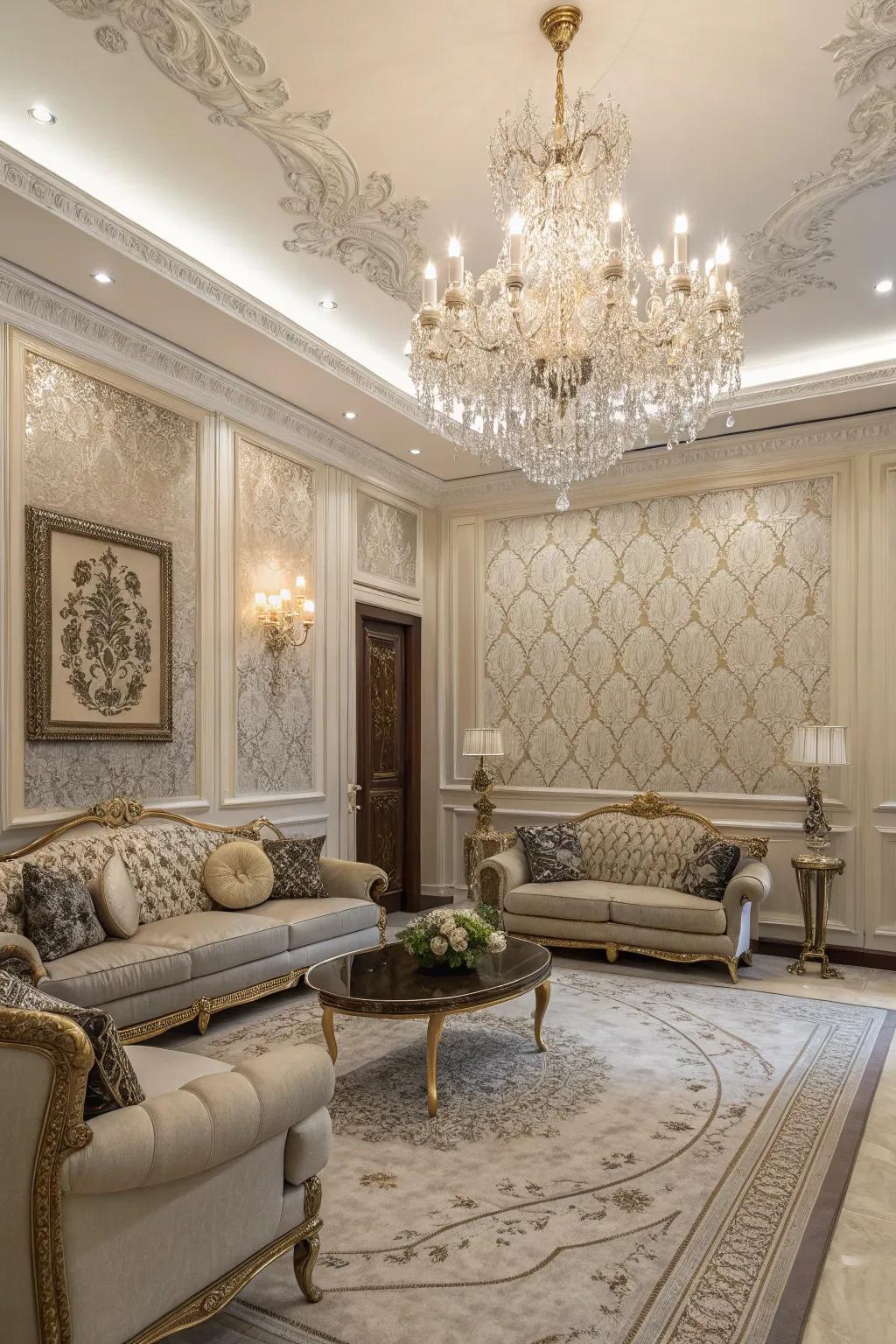 Elegant flower patterns in fabric wallpaper offer a royal touch.