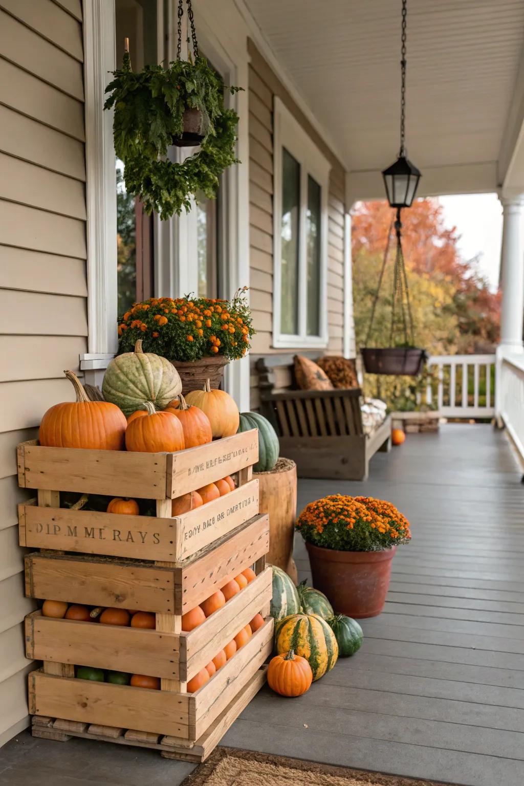 Fruit boxes full of autumn treats create a charming harvest display.