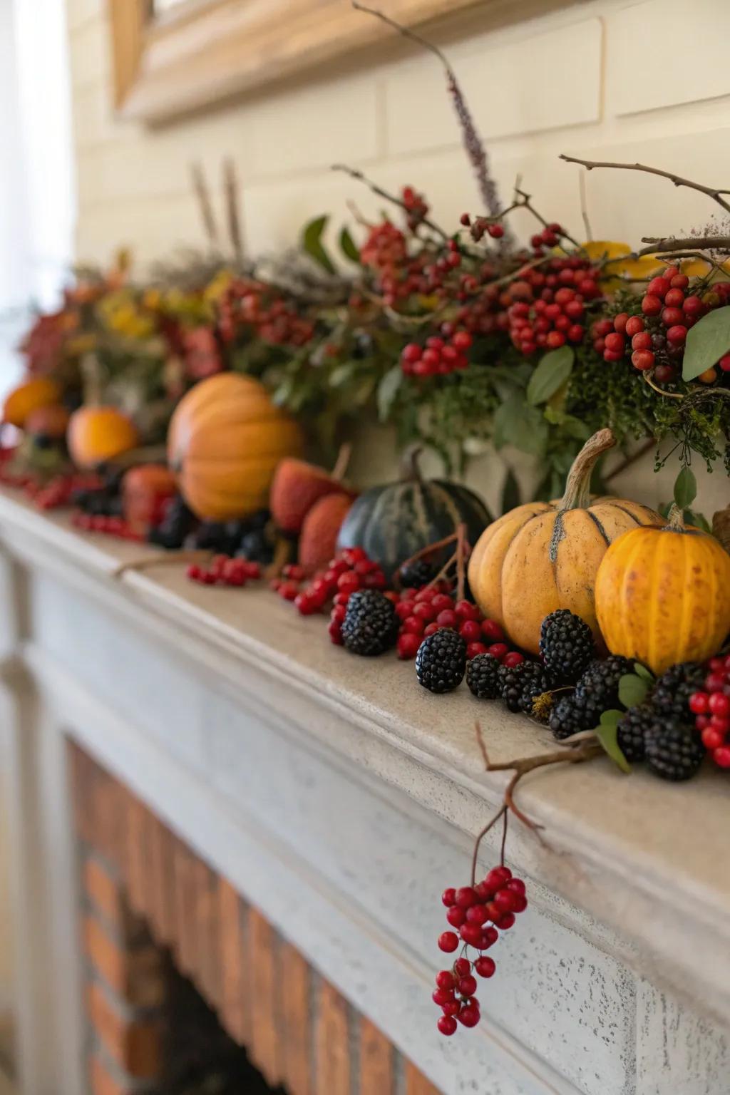 A fall mantel adorned with berries and gourds.