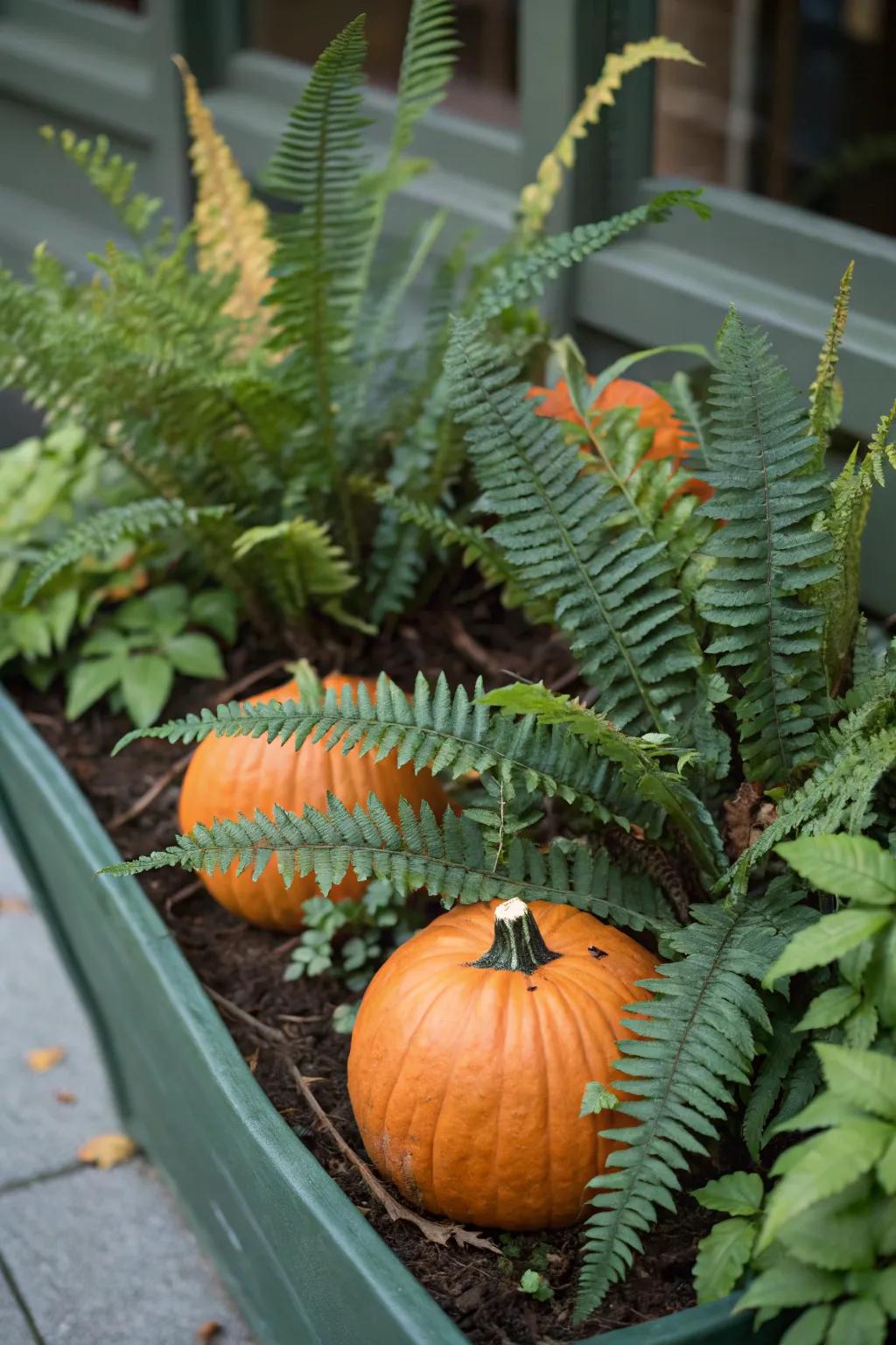 Fern fronds deliver a refreshing contrast to gourds.