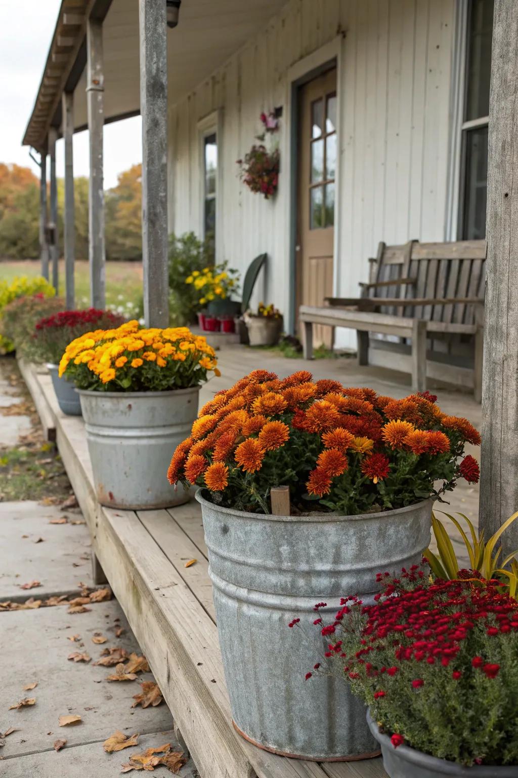 Plated pots provide a rustic touch and highlight autumn's vibrant colors.
