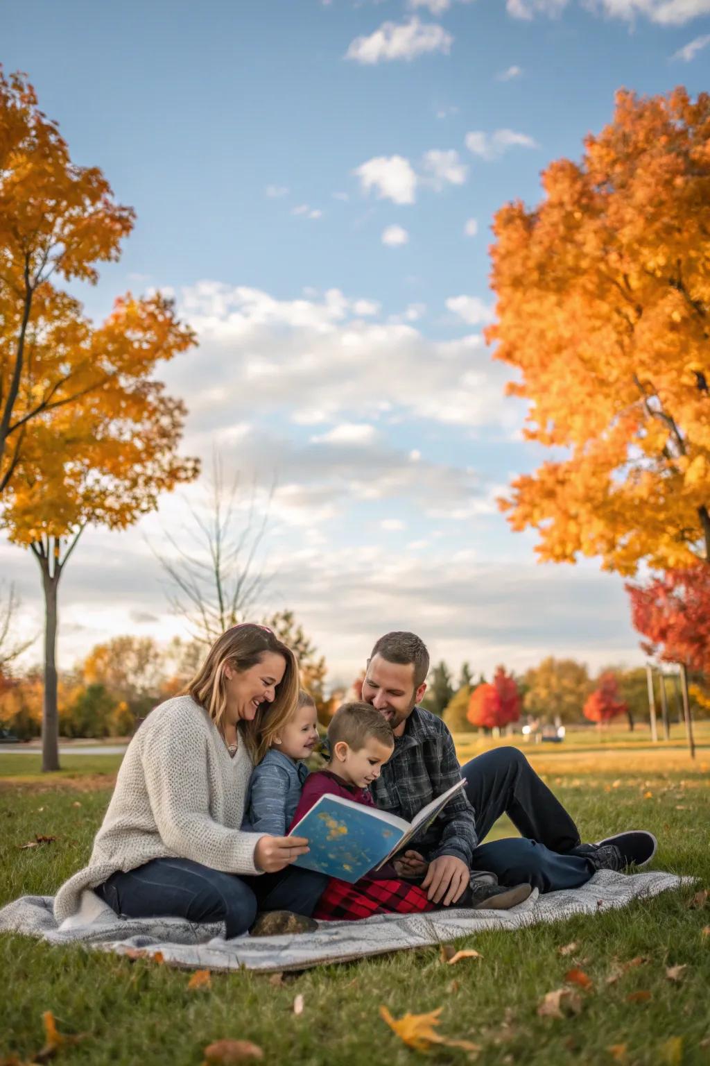 Storytime in the greenspace creates a whimsical and thoughtful moment for family images.