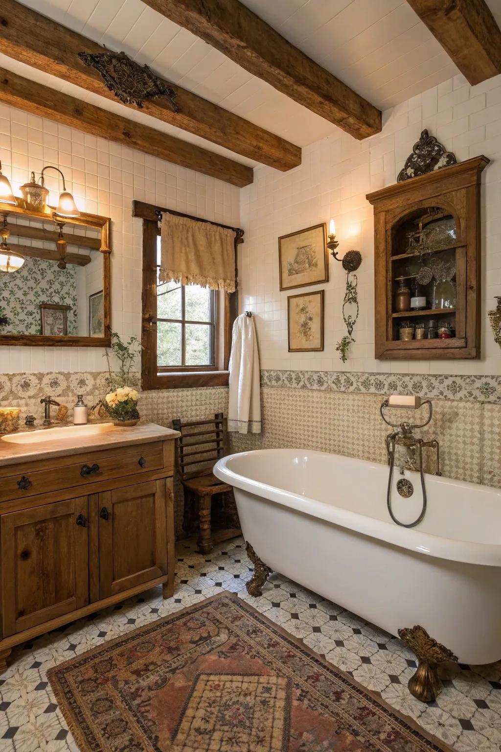 A bathroom gains character and a personal touch from antique decor pieces.
