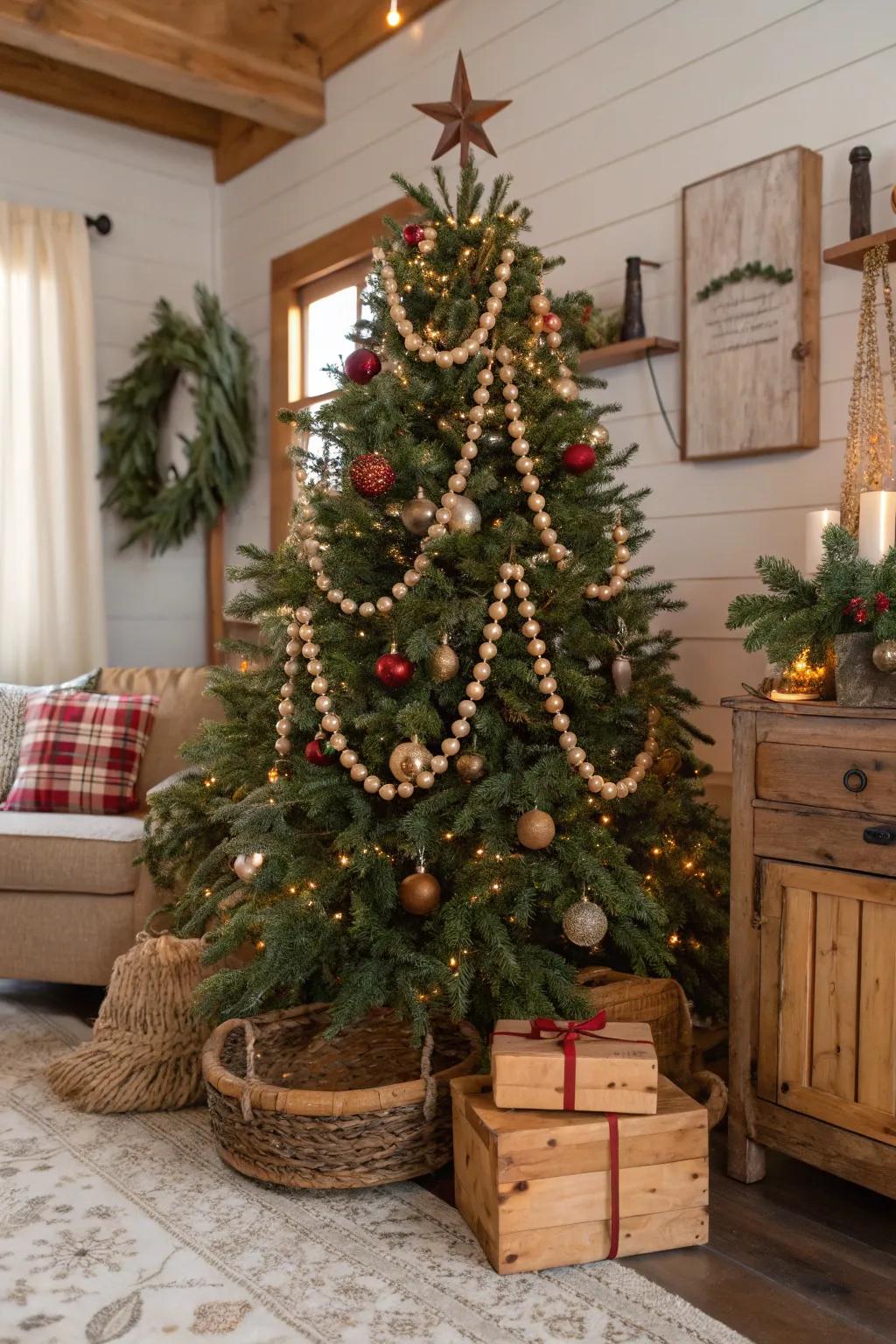 Timber beads introduce a basic, simple touch to this farmhouse Christmas tree.