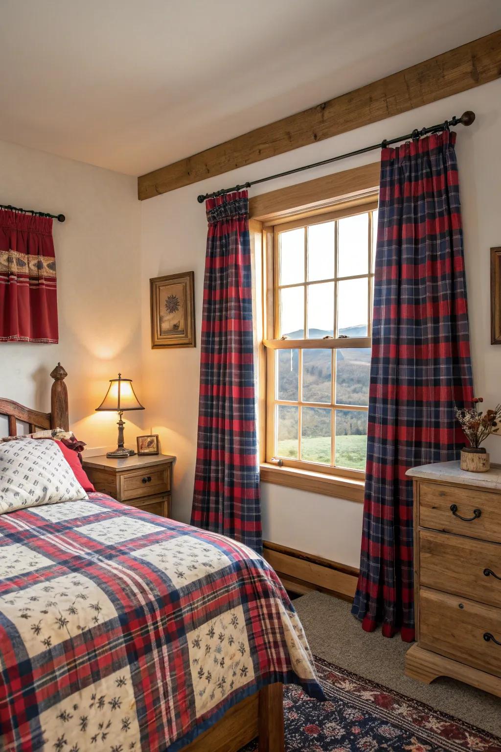 Plaid drapes bringing warmth and nostalgia to a comfortable farmhouse bedroom.
