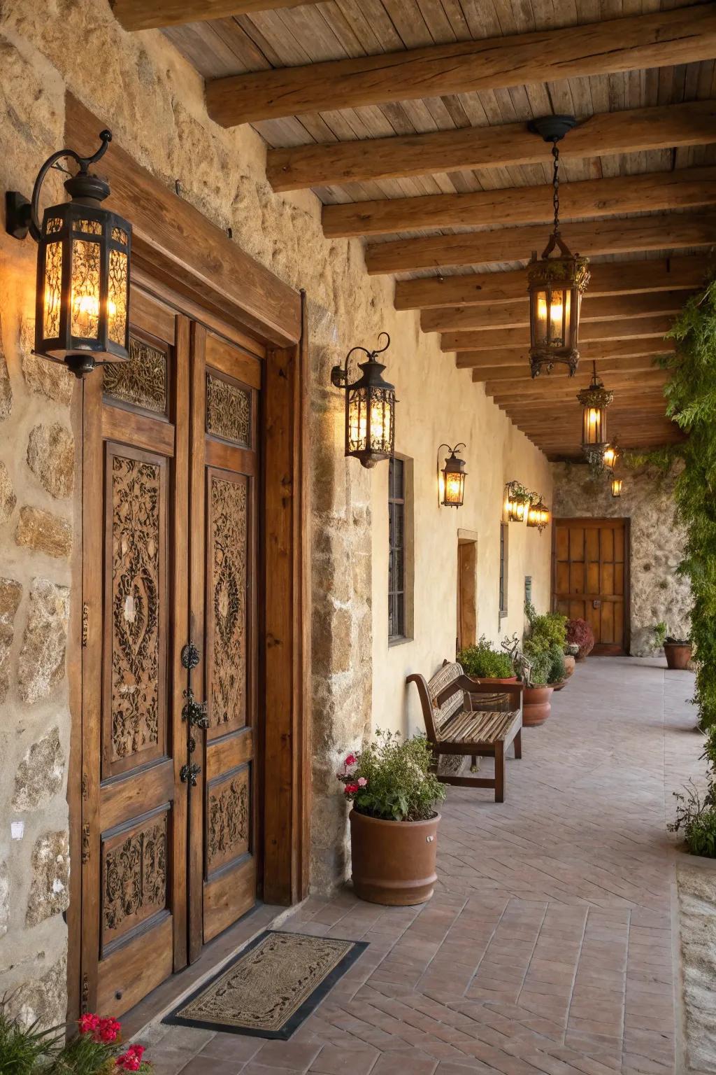 A warm and inviting countryside entryway illuminated by candle lights.