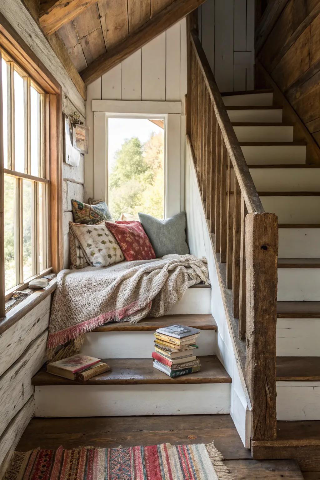 A cozy nook under the staircase maximizes space and adds charm.
