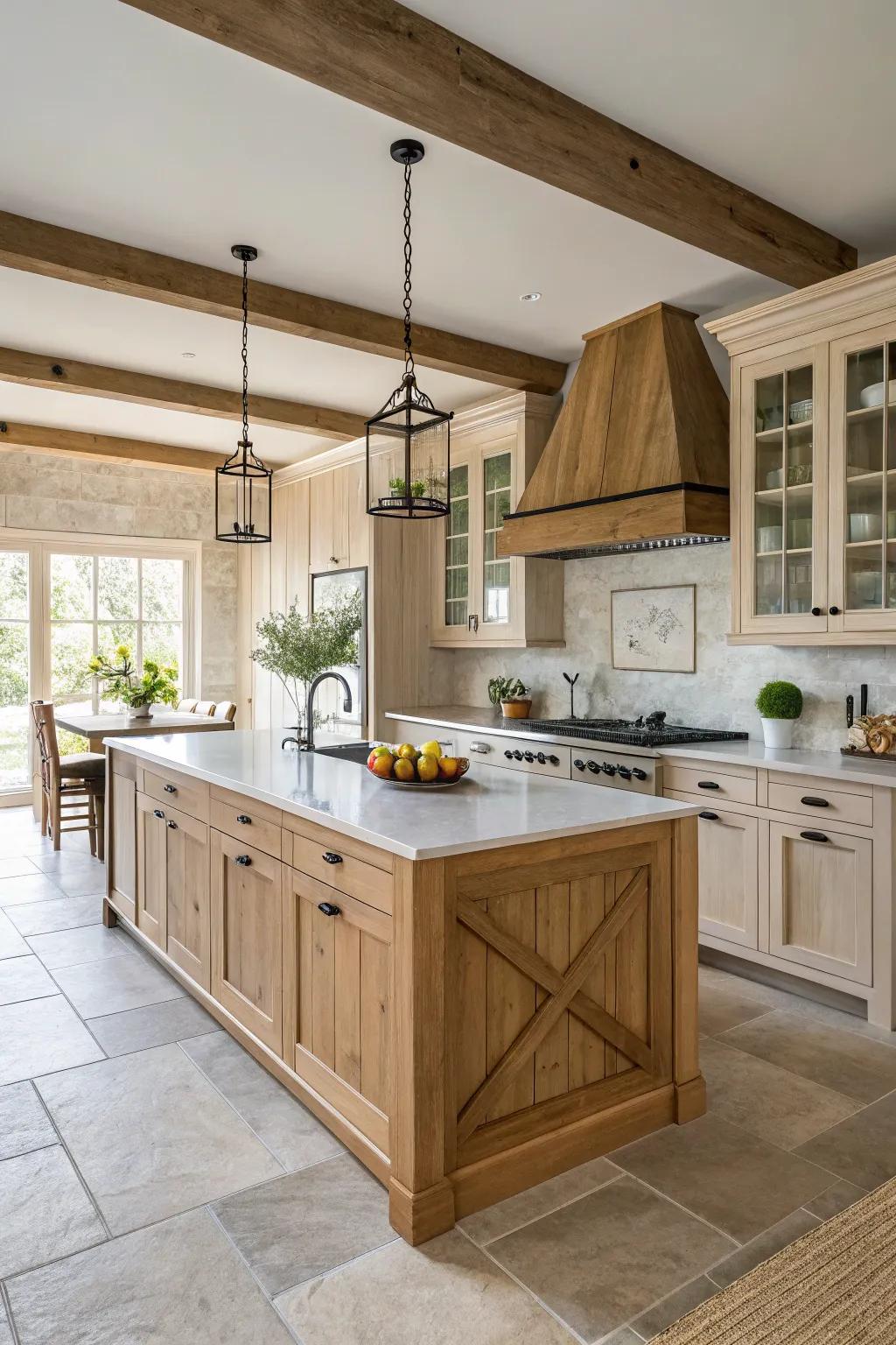 A statement center piece enhances the design of a cooking space with pale timber cabinetry.
