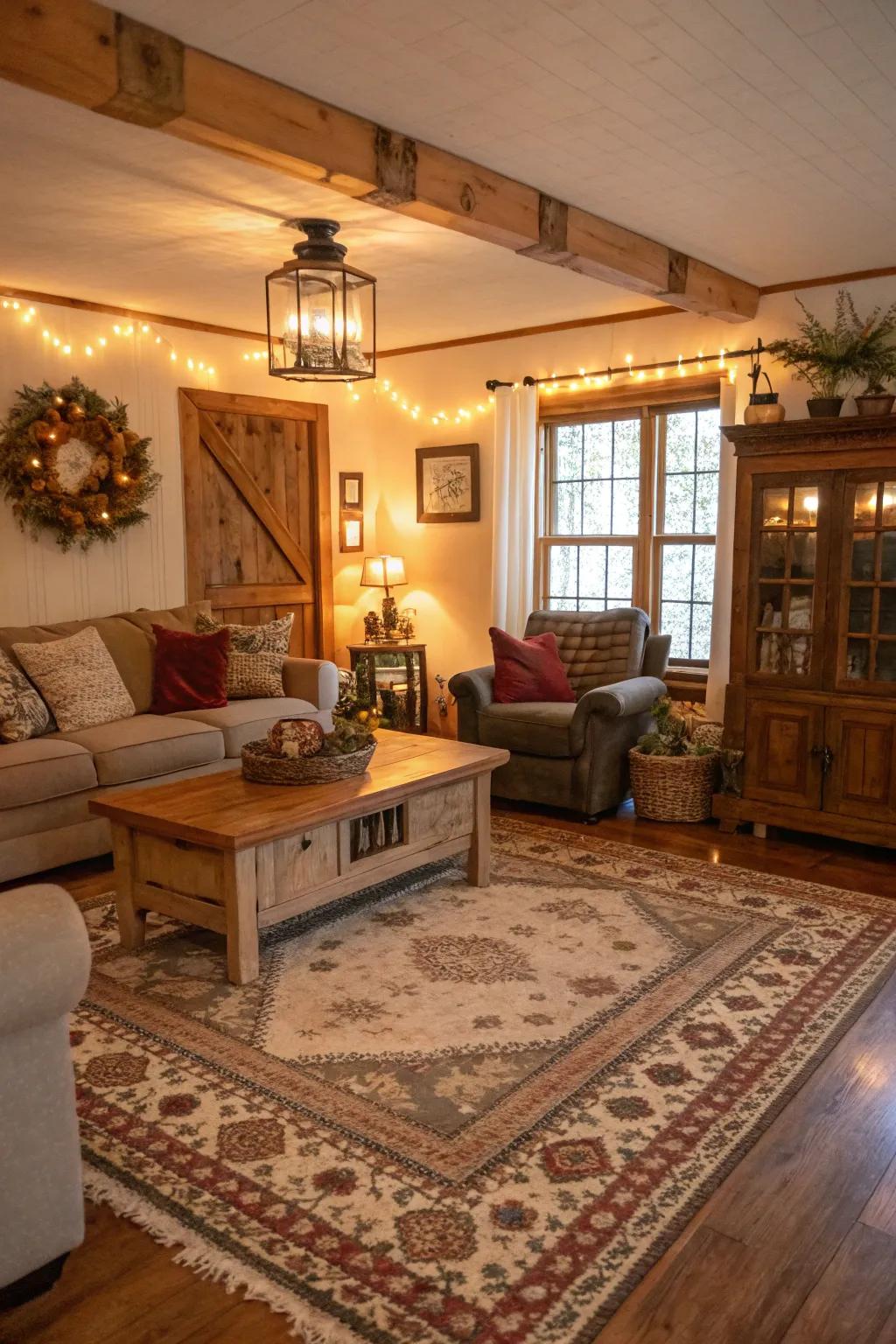 A snug rug grounds and warms this farmhouse living space.