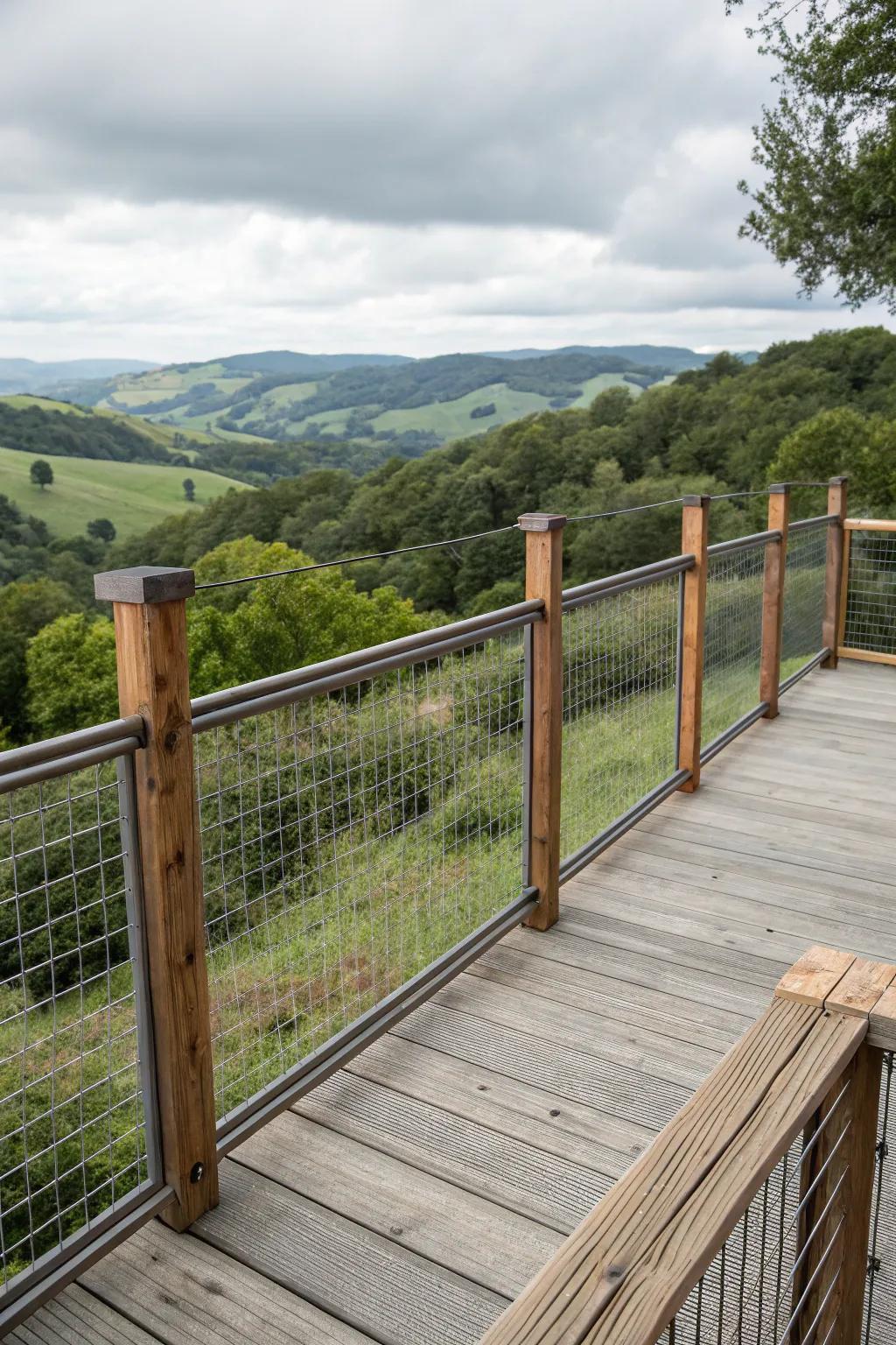 Industrial edge: Countryside metal mesh railing.