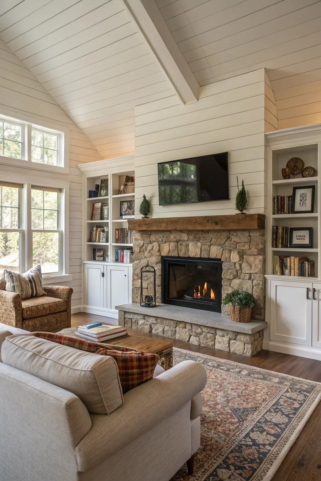 A wraparound plank paneling wall fashions a cohesive and unified appearance.