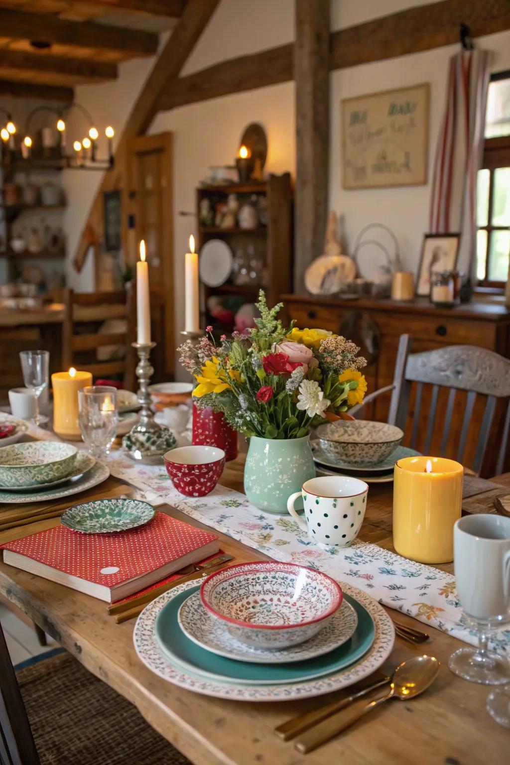 Unmatched plates introduce charm and character.