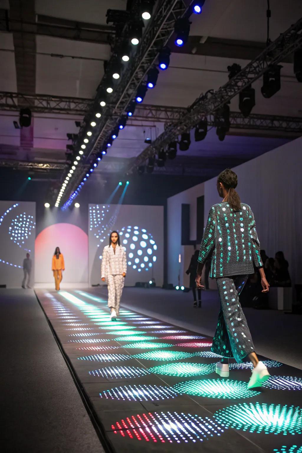 Interactive lighting installations create an immersive experience for the fashion show audience.