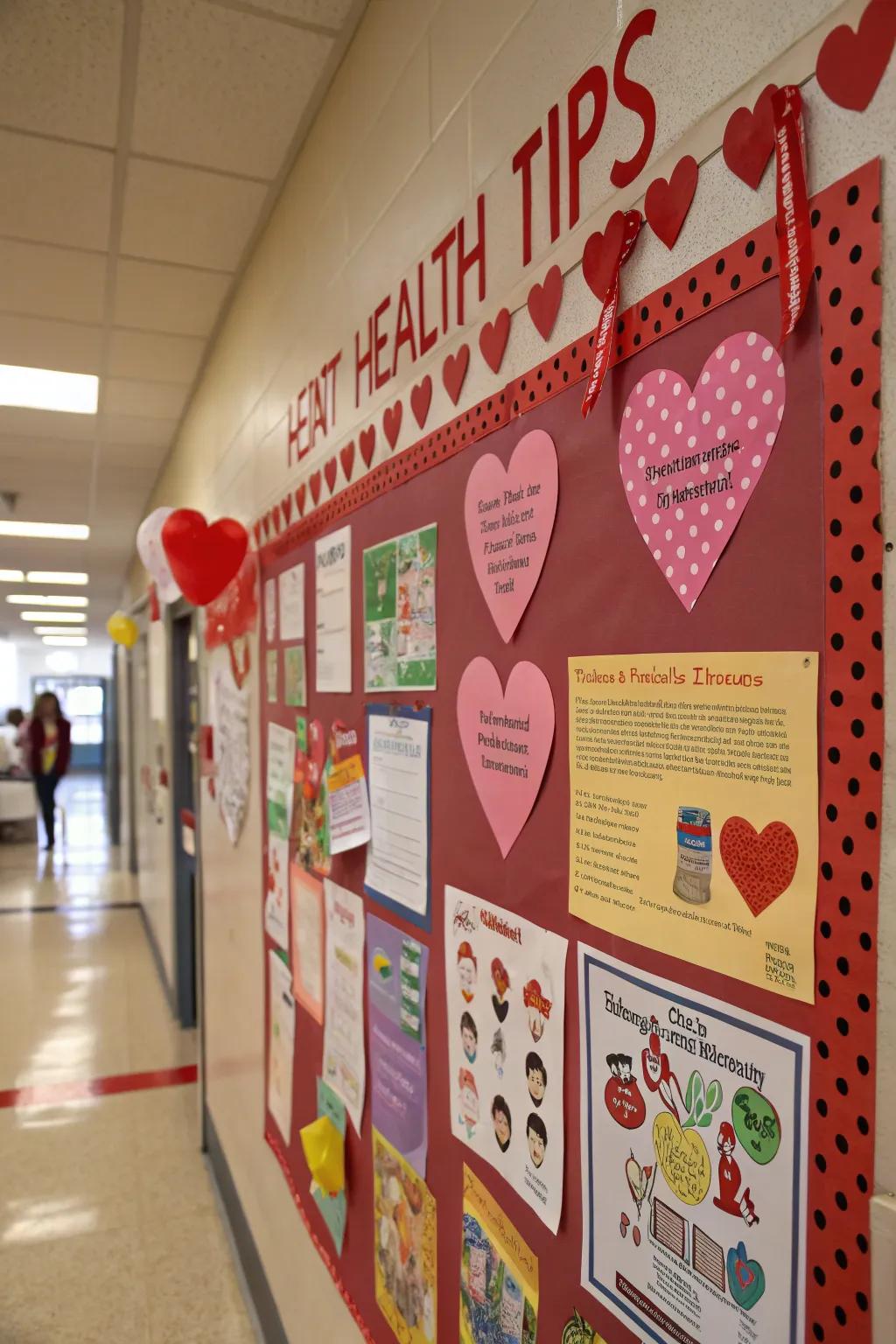 A heart wellness-themed bulletin board featuring wellness tips.