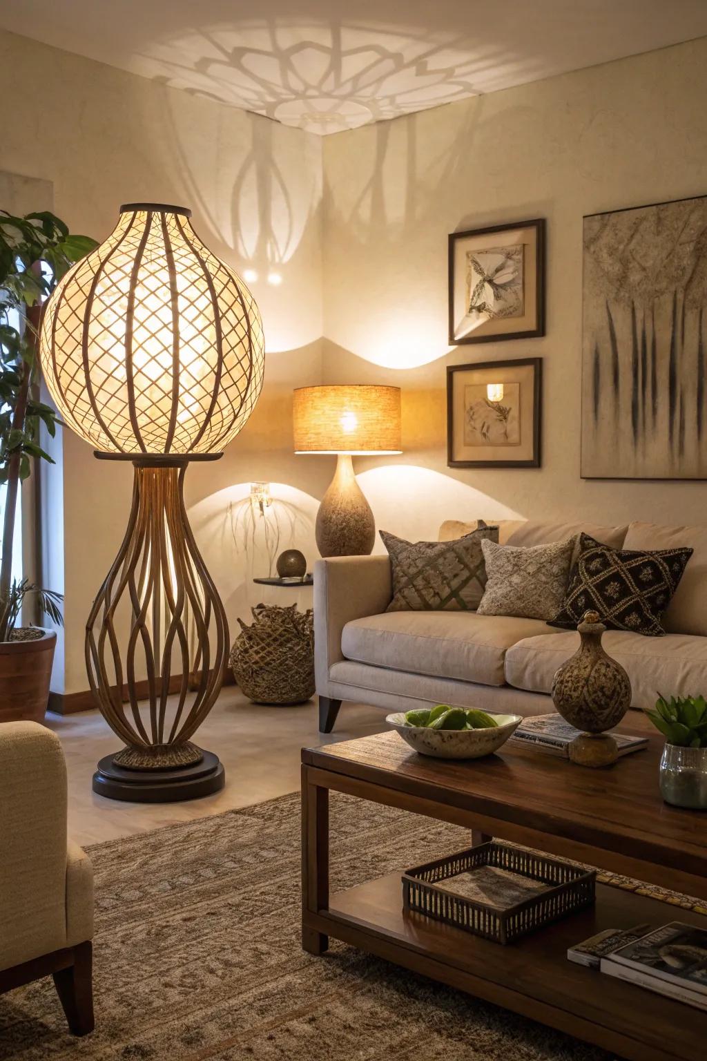A living room featuring an artistic and crafted lighting fixture.